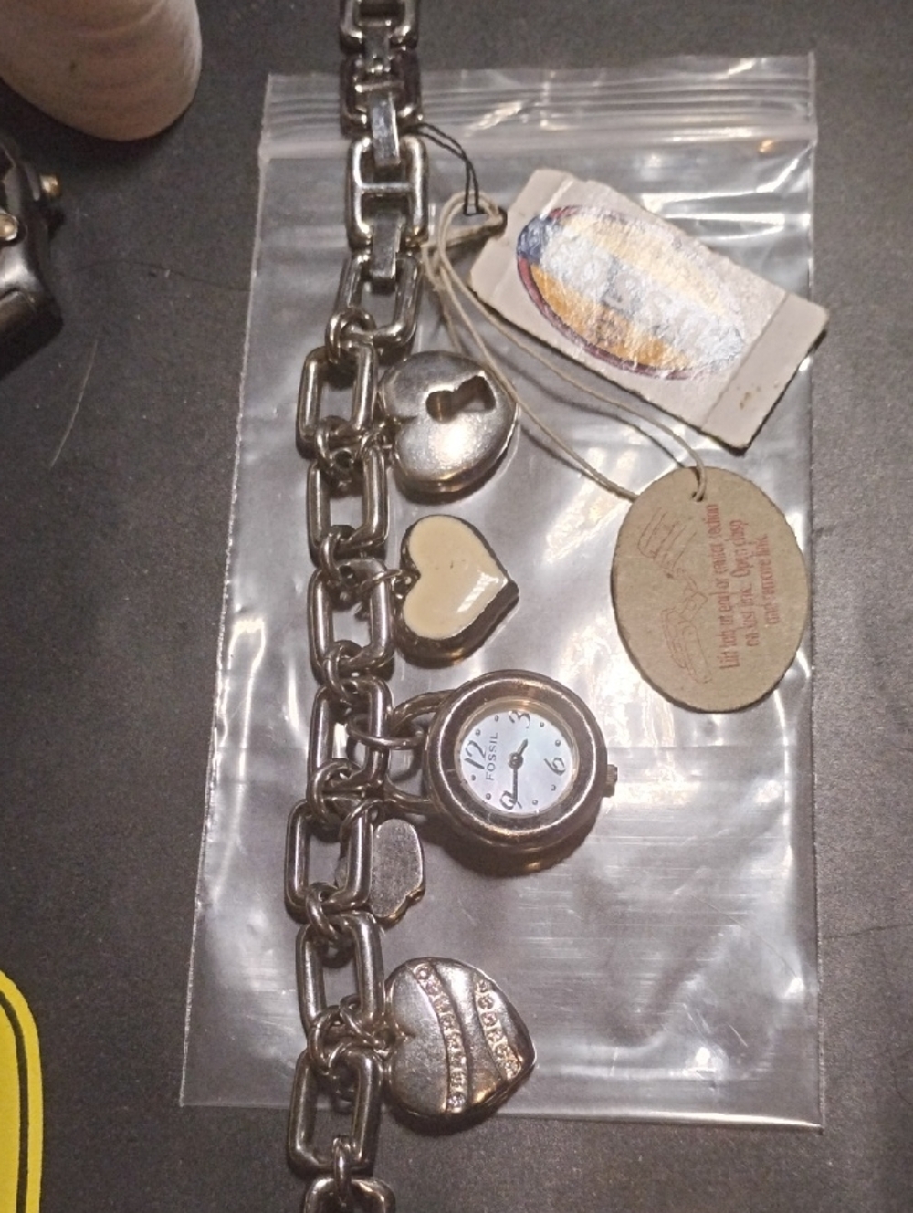Fossil Silver-Tone Charm Bracelet Watch with Cream Heart Charm